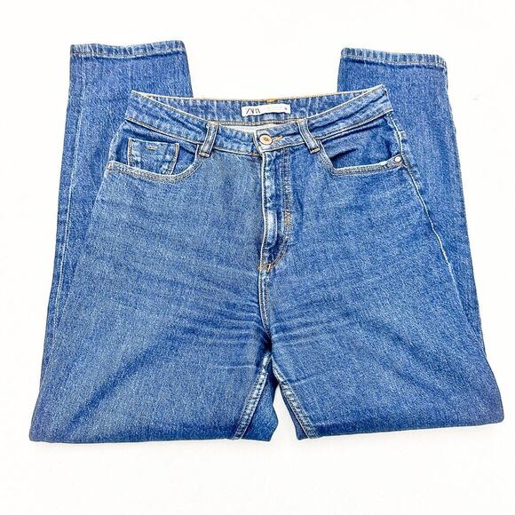 Zara High Rise Dark Wash Straight Leg Denim Jeans Zip Fly Size 6 - Picture 4 of 7